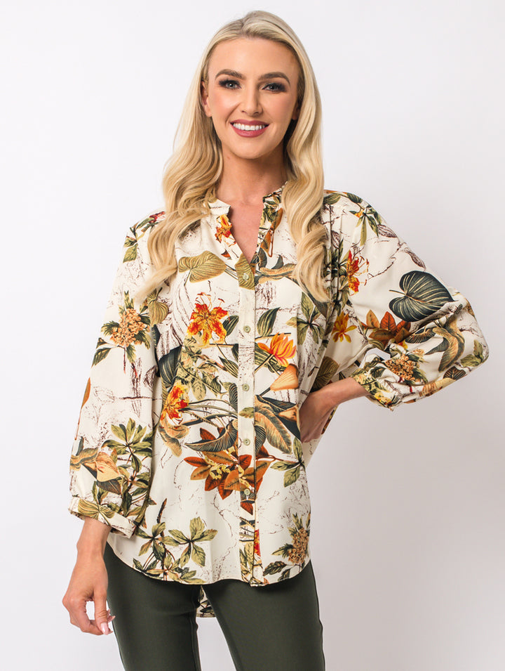 Revere Collar Blouse - Olive Multi