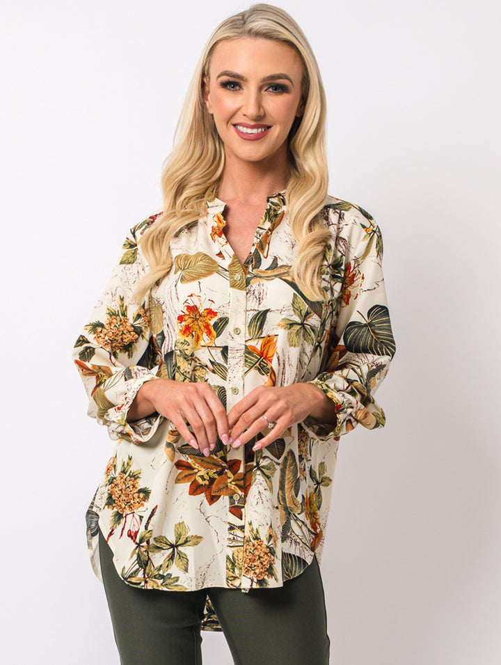 Revere Collar Blouse - Olive Multi