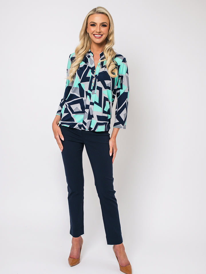 Button Top - Mint/Navy