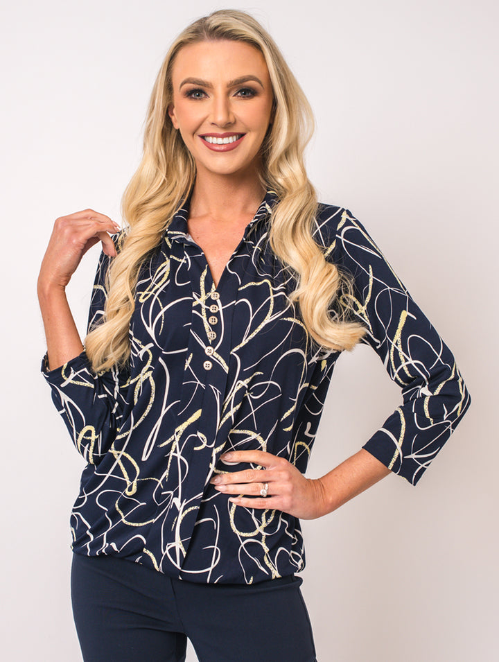 3/4 Sleeve Top - Lemon/Navy