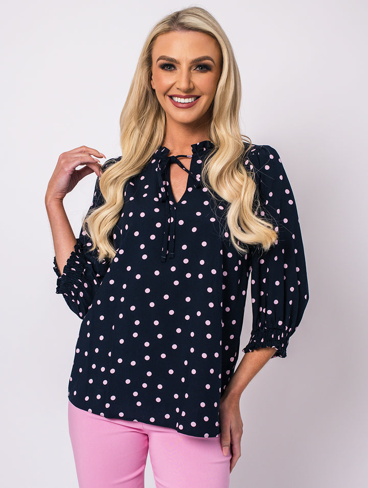 Tie Neck Blouse - Pink/Navy