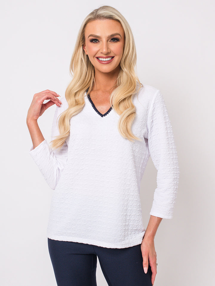 V Neck Top - White/Navy