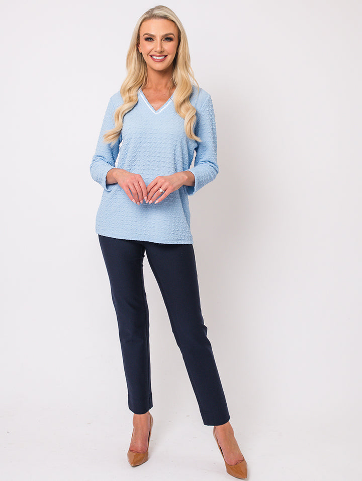 V Neck Top - Baby Blue/White