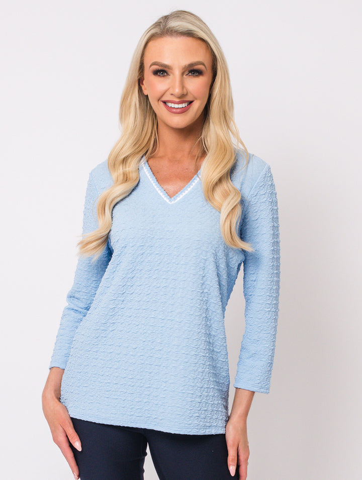 V Neck Top - Baby Blue/White