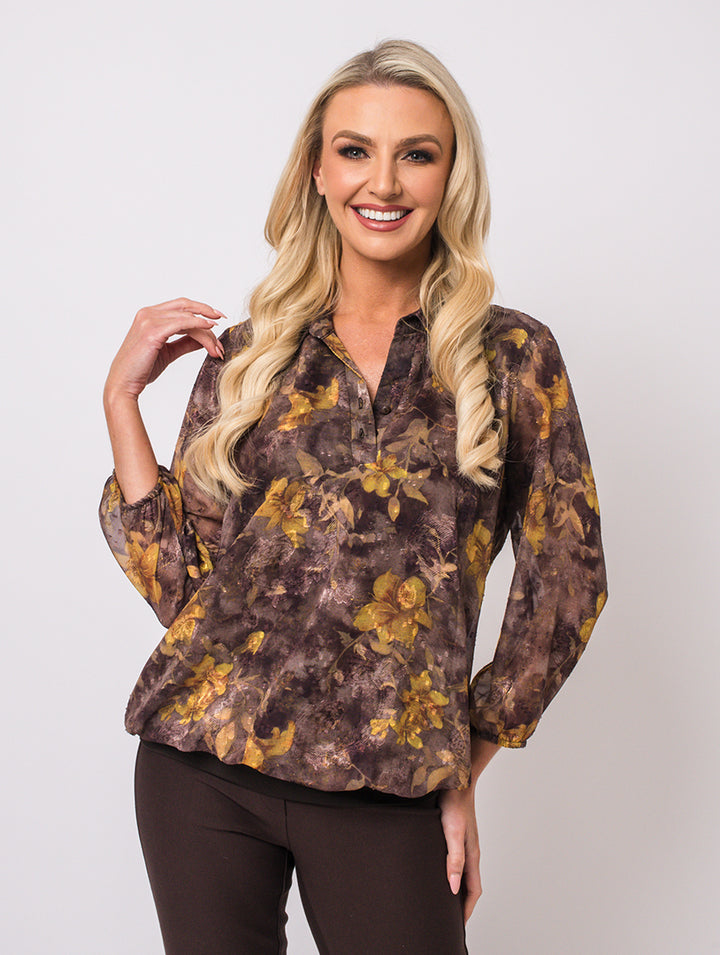 Lined Blouse - Choc/Gold
