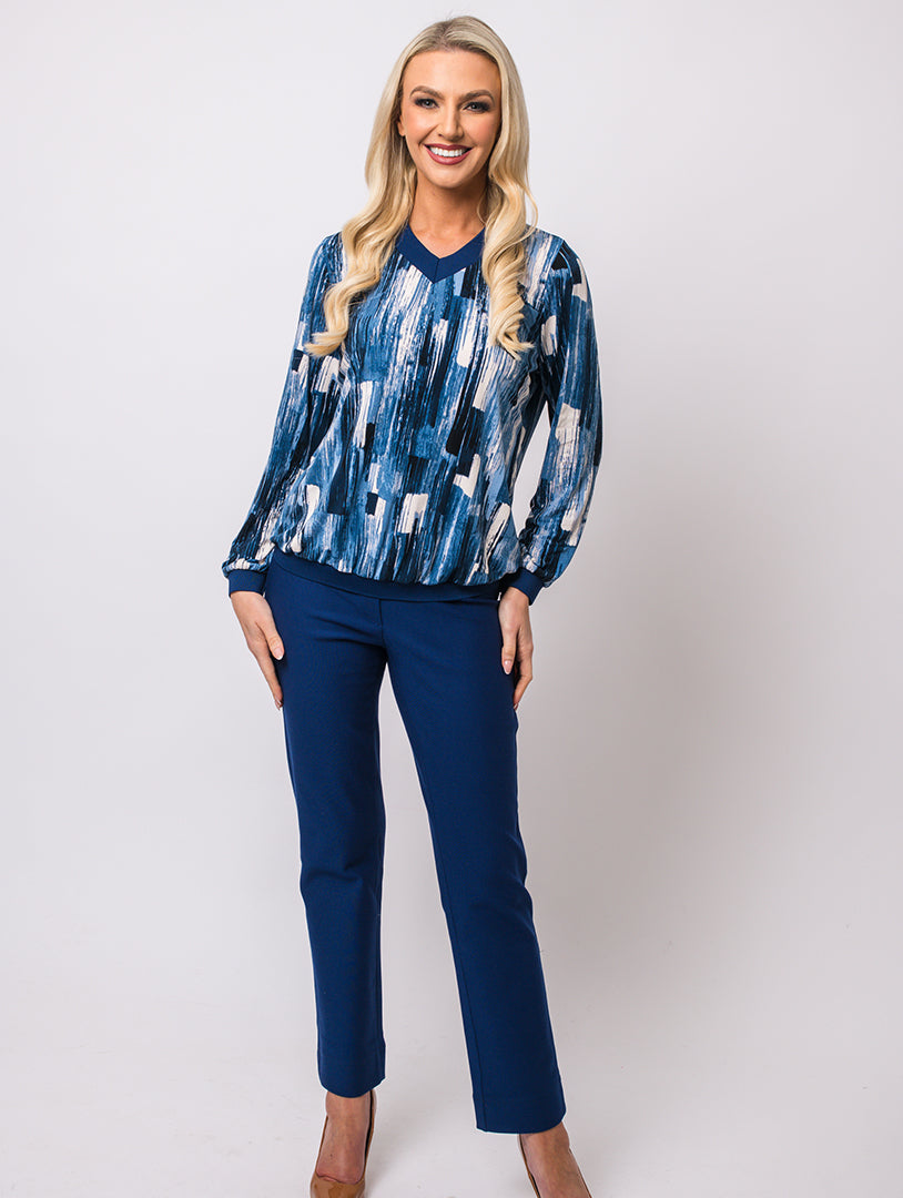 V Neck Elastic Top - Navy