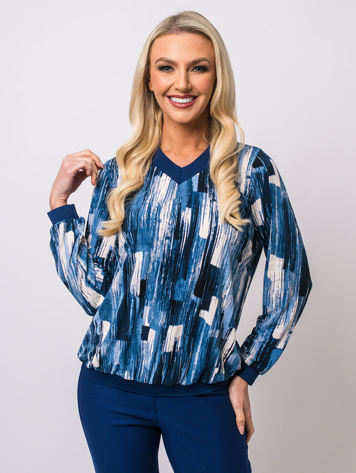V Neck Elastic Top - Navy