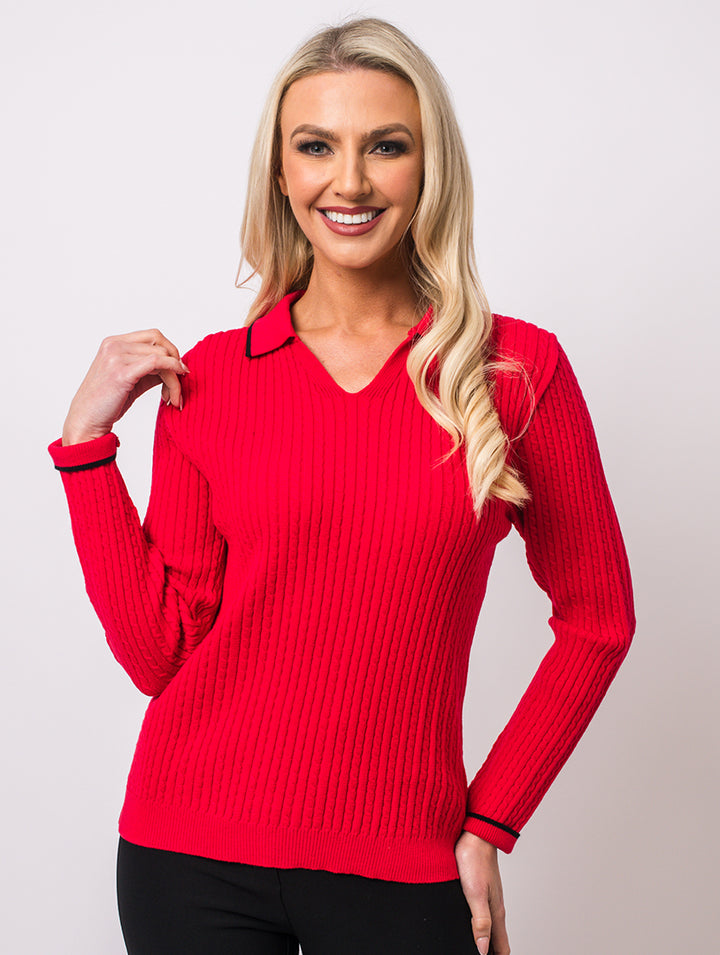 Cable Collar Jumper - Red/Black