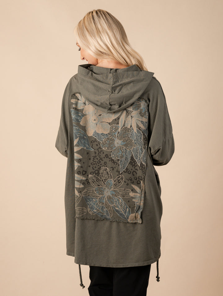 Flower Print Hoodie - Khaki