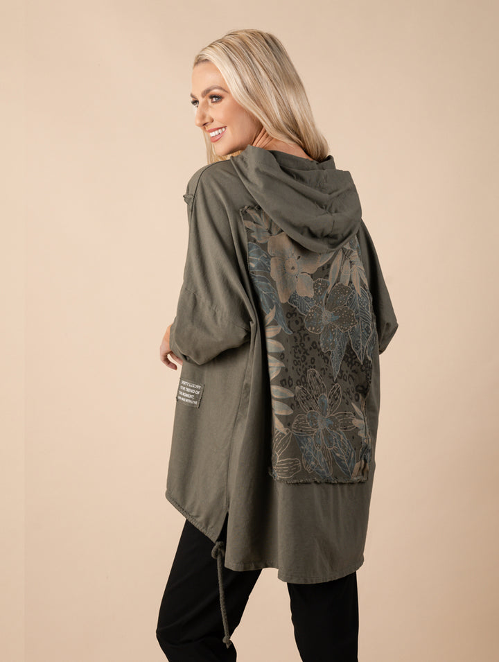 Flower Print Hoodie - Khaki