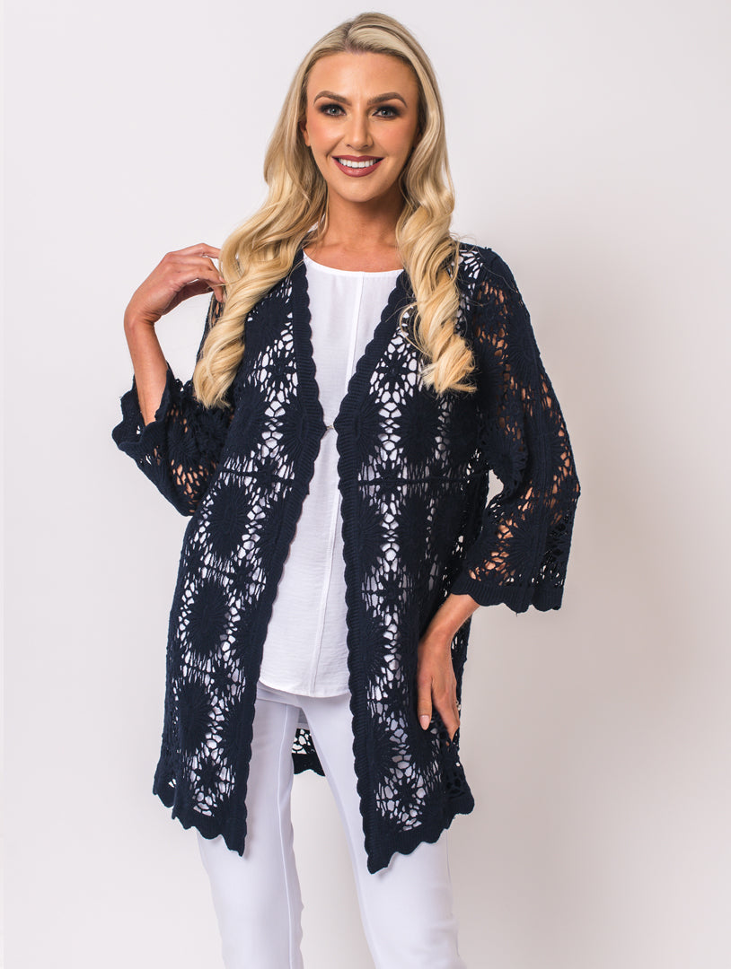 Long Crochet Cardigan - Navy