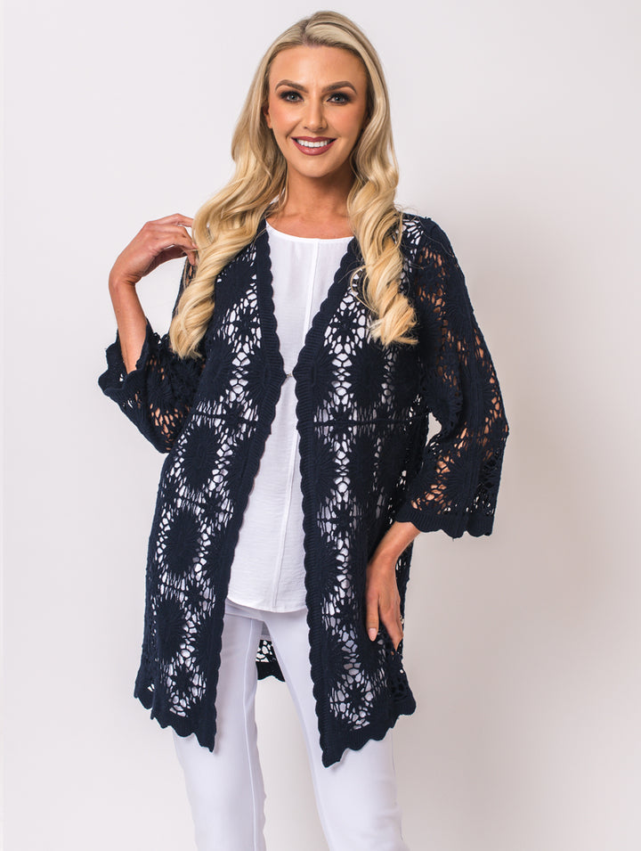 Long Crochet Cardigan - Navy