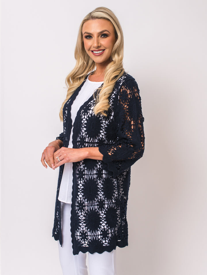 Long Crochet Cardigan - Navy