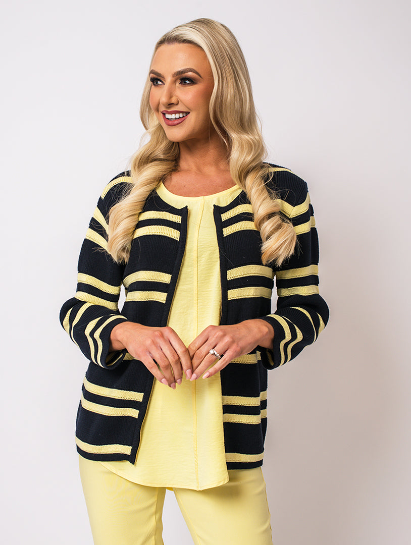 Zip Cardigan - Navy/Lemon