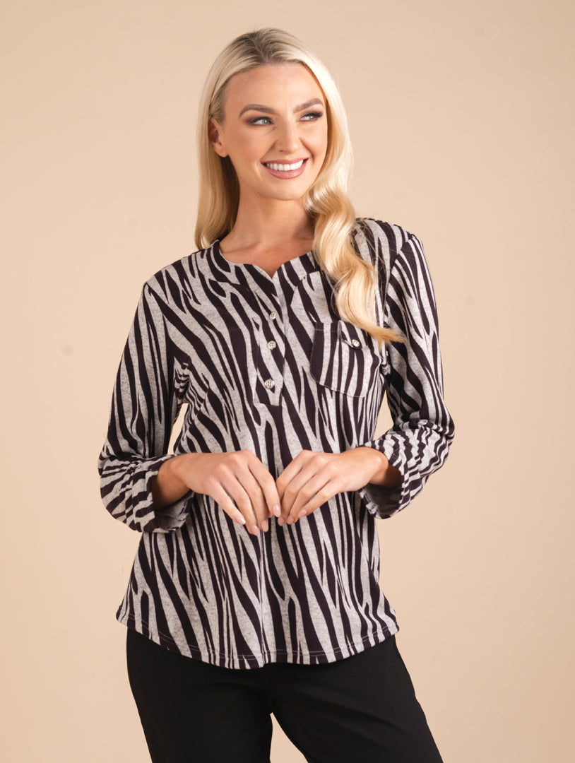 3/4 Sleeve Tab Top - Grey/Plum