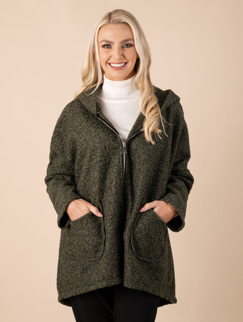 Boucle Zip Coat - Dark Olive