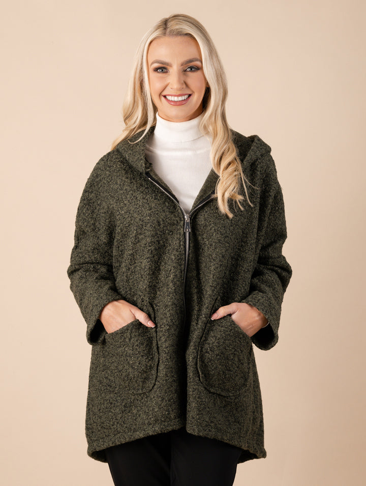 Boucle Zip Coat - Dark Olive