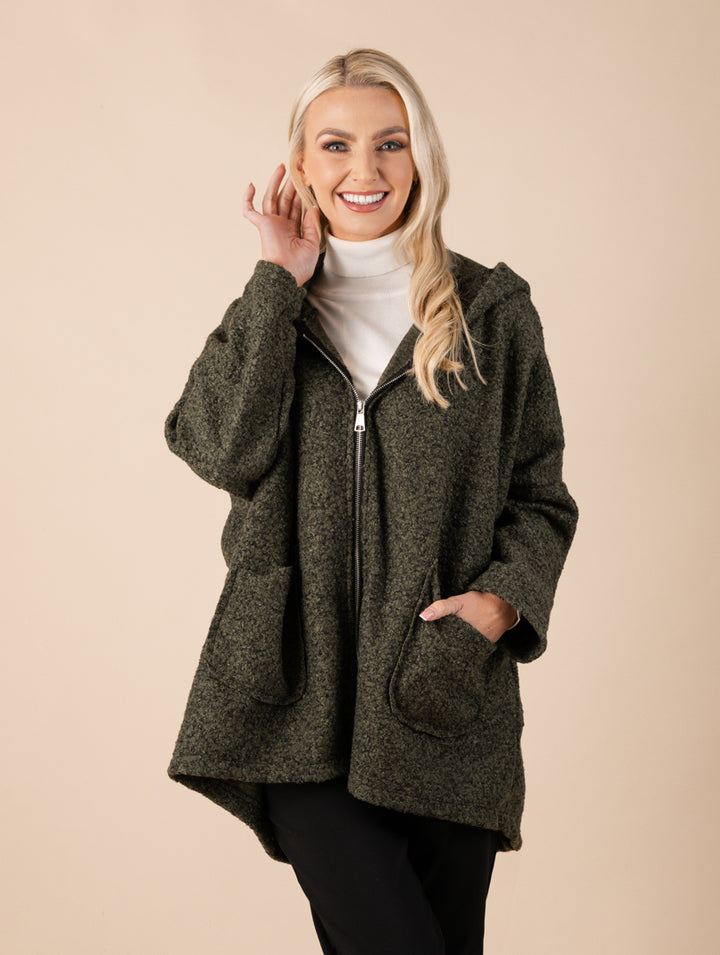 Boucle Zip Coat - Dark Olive