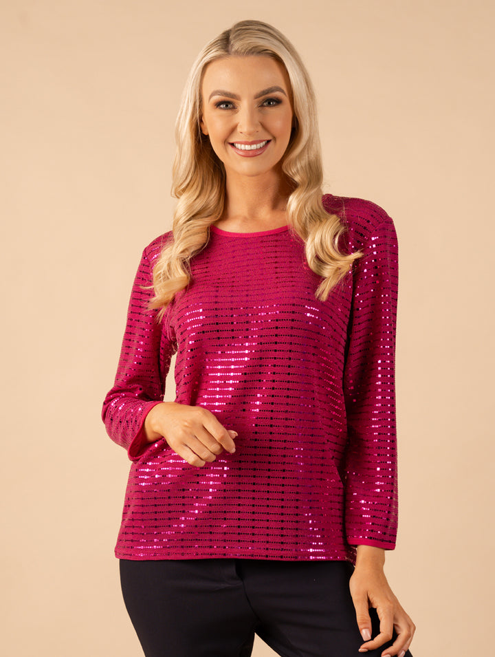 3/4 Sleeve Sequin Top - Pink
