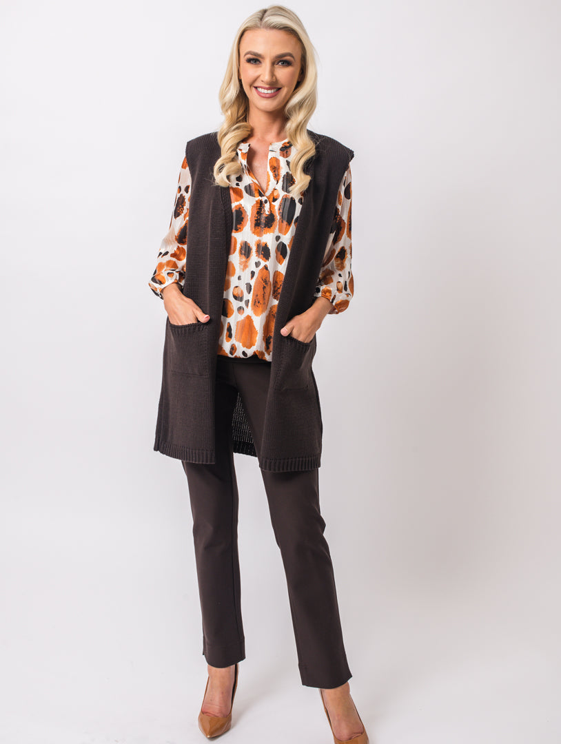 Print Lined Blouse - Burnt Orange/Choc
