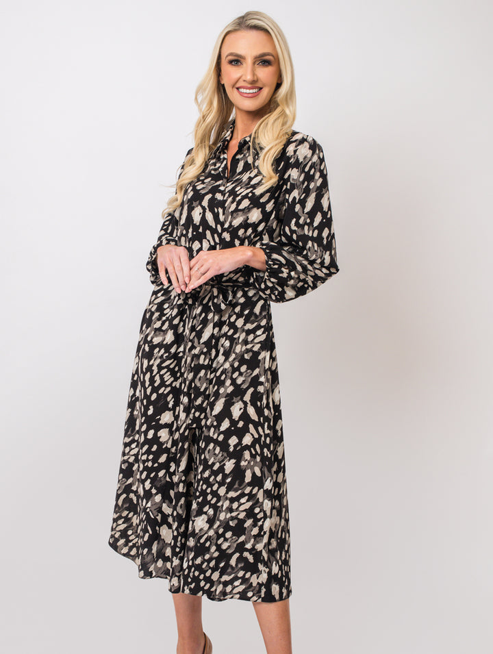 Long Shirt Dress - Dark Brown/Beige