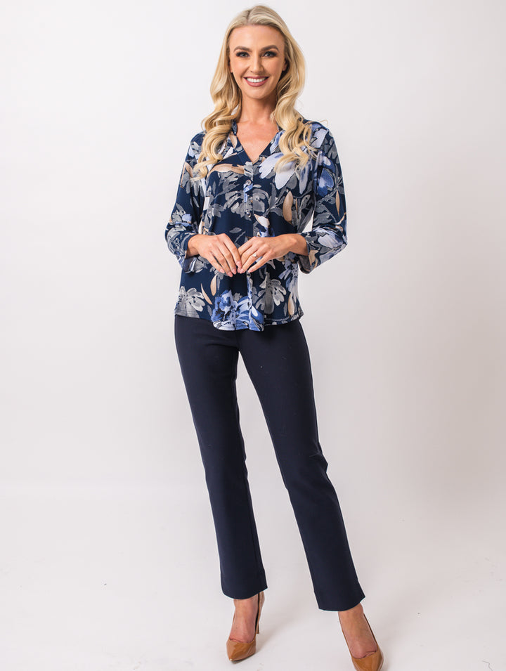 Stand Collar Blouse - Navy/Beige