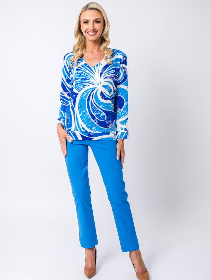V Neck Print Top - Cornflower