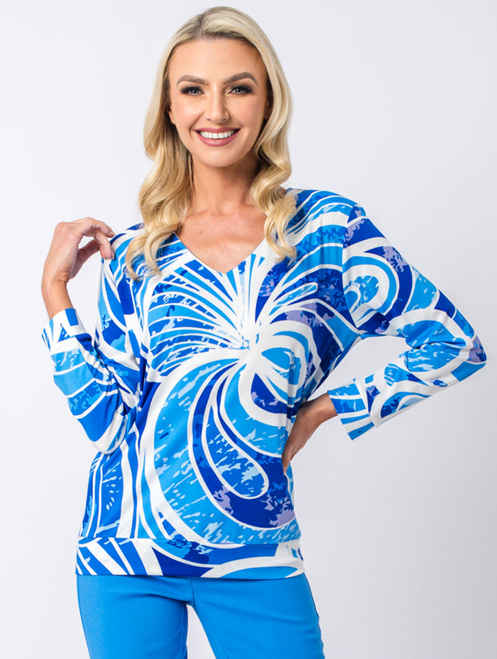 V Neck Print Top - Cornflower