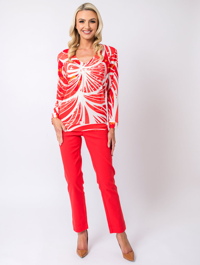 V Neck Print Top - Burnt Orange