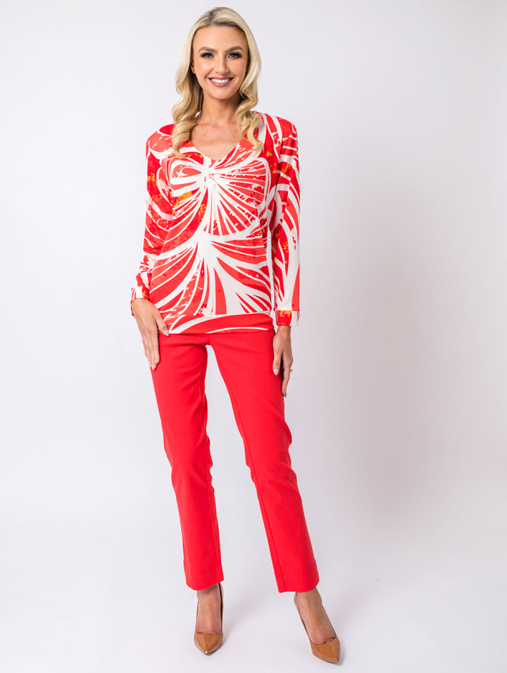 V Neck Print Top - Burnt Orange