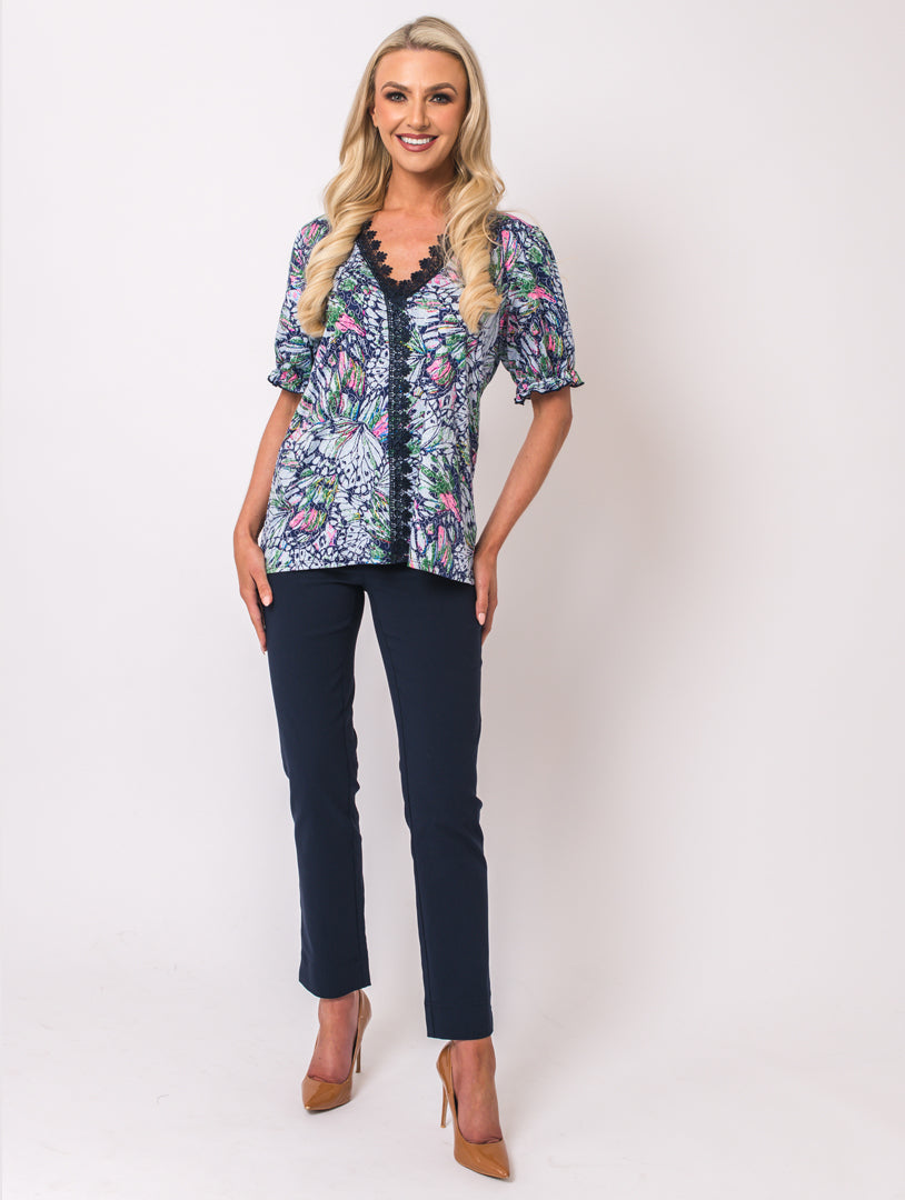 Lace V Neck Top - Blue/Navy