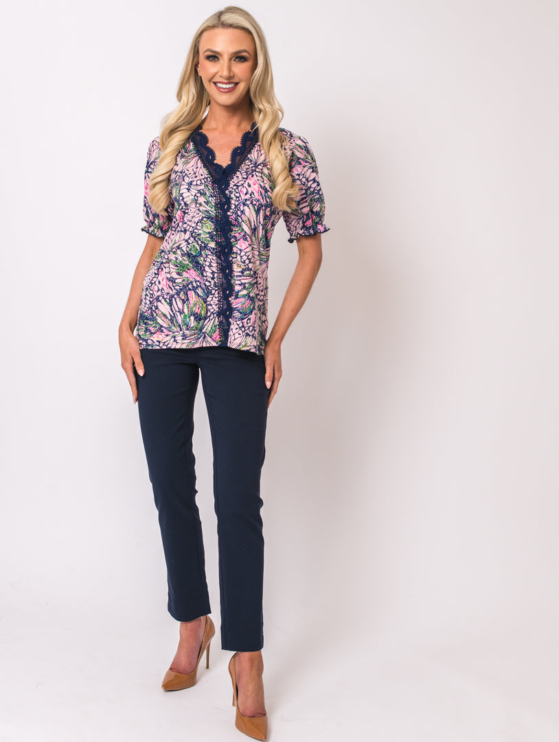 Lace V Neck Top - Pink/Navy