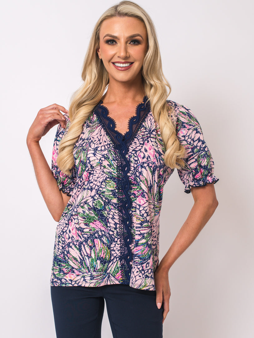 Lace V Neck Top - Pink/Navy