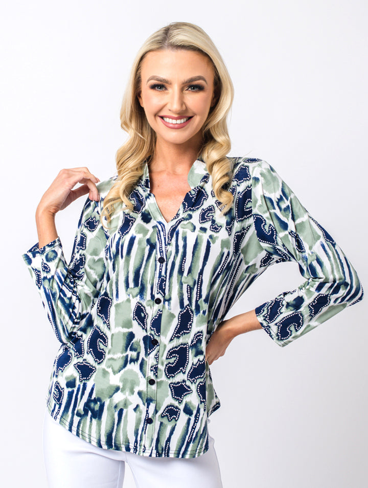 Stand Collar Top - Navy/Khaki