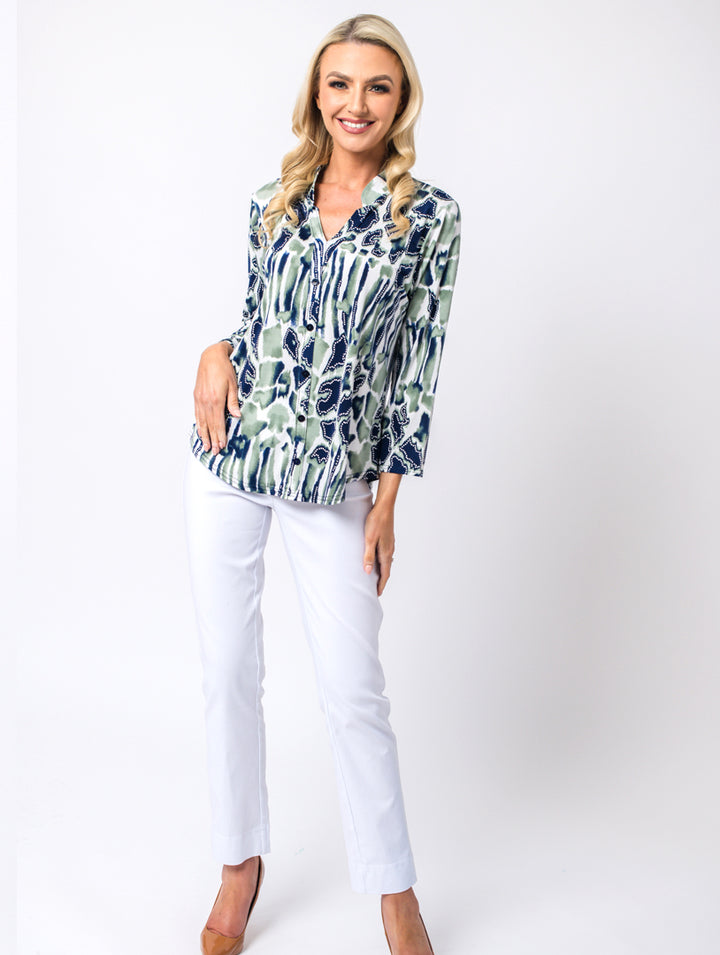 Stand Collar Top - Navy/Khaki