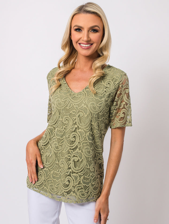 V Neck Lace Top - Khaki
