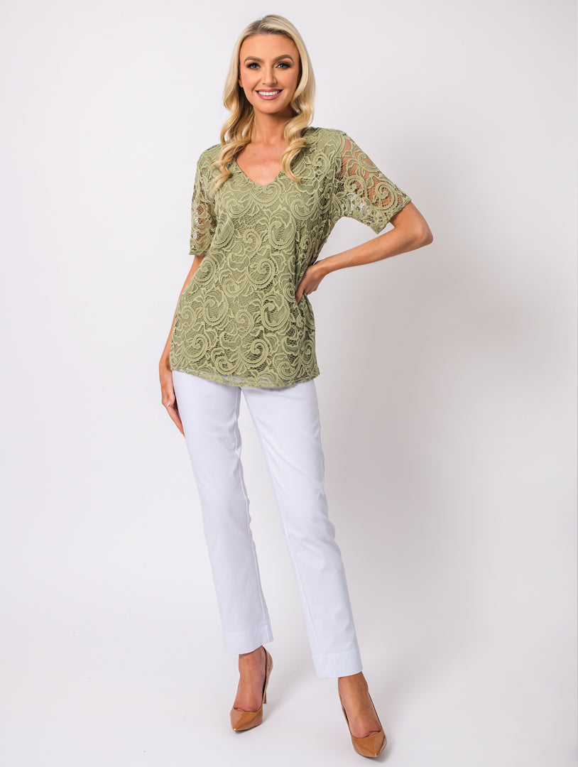 V Neck Lace Top - Khaki