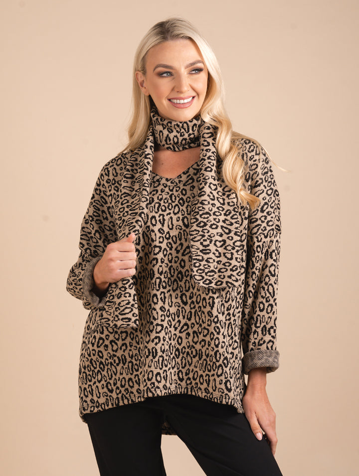 Top with Scarf - Beige/Black