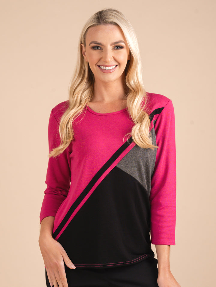 3/4 Sleeve Angle Top - Cerise/Black/Grey
