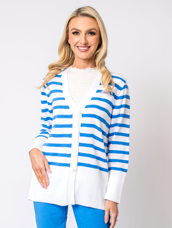 Stripe Cardigan - White/Cornflower