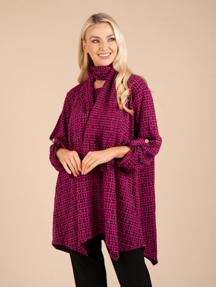 Turn Back Cuff Jumper With Scarf - Cerise/Black