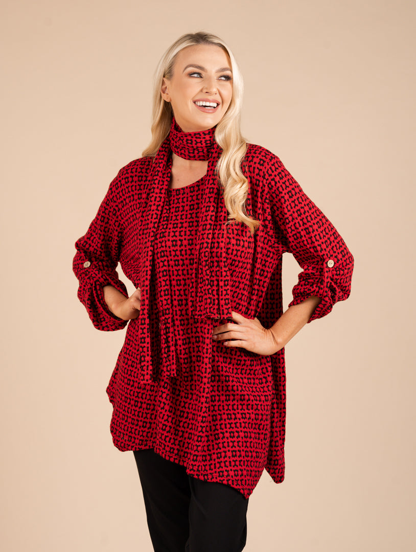 Turn Back Cuff Jumper With Scarf - Red/Black