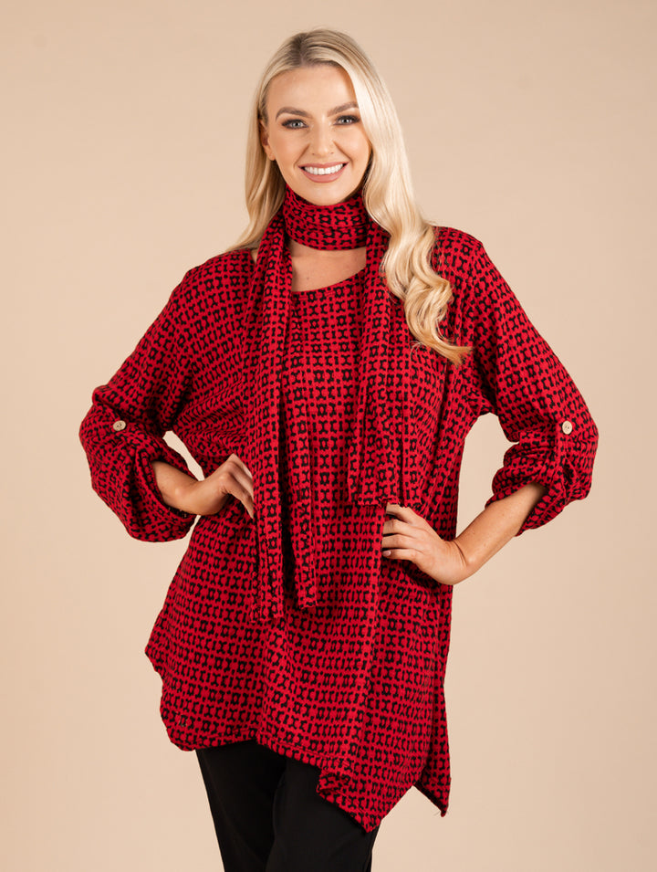 Turn Back Cuff Jumper With Scarf - Red/Black
