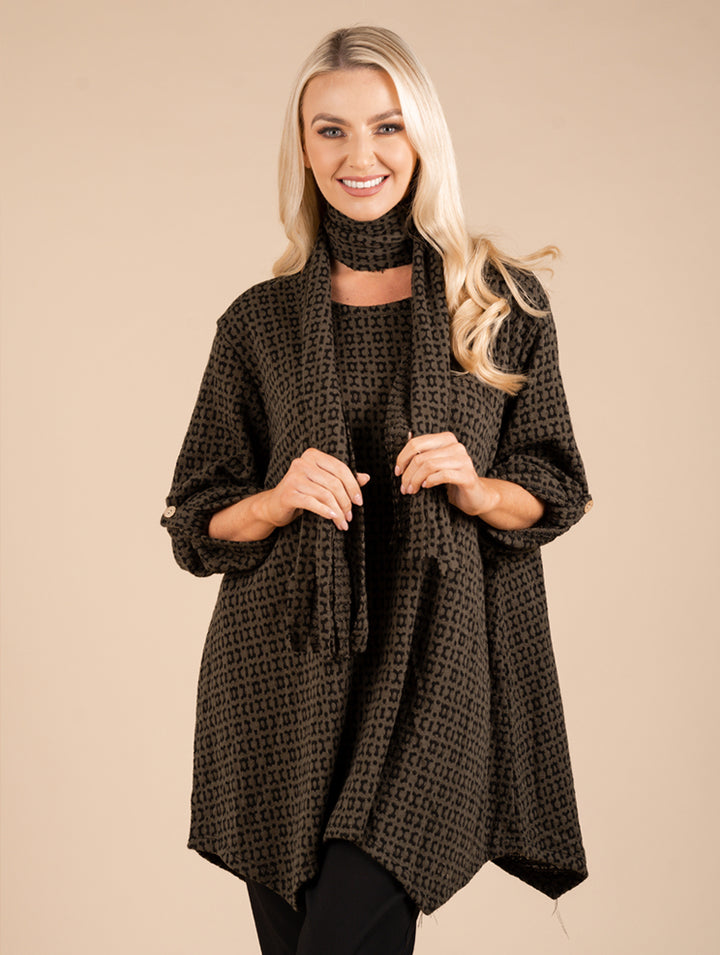 Turn Back Cuff Jumper With Scarf - Khaki/Black