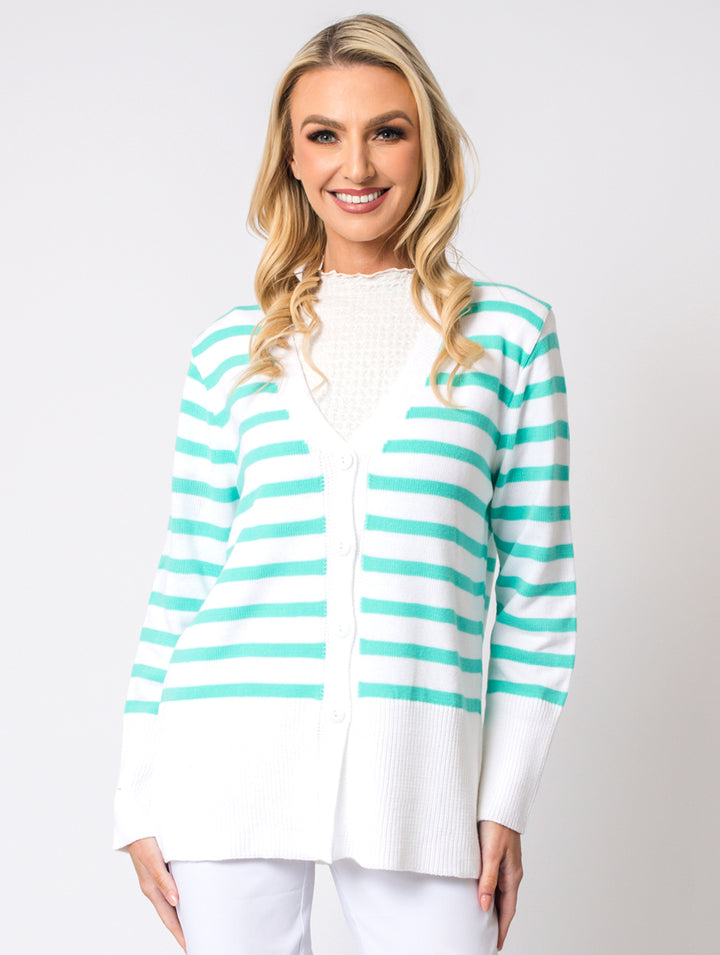 Stripe Cardigan - White/Turq