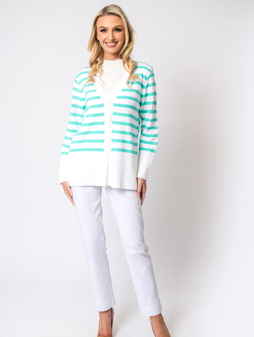 Stripe Cardigan - White/Turq