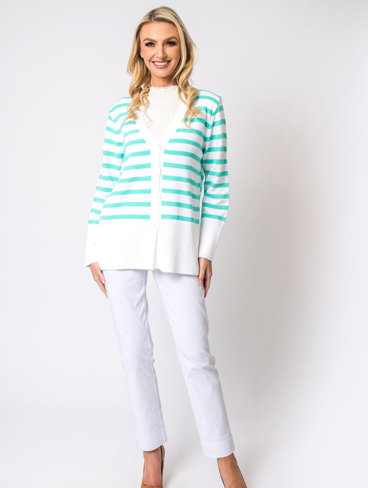 Stripe Cardigan - White/Turq