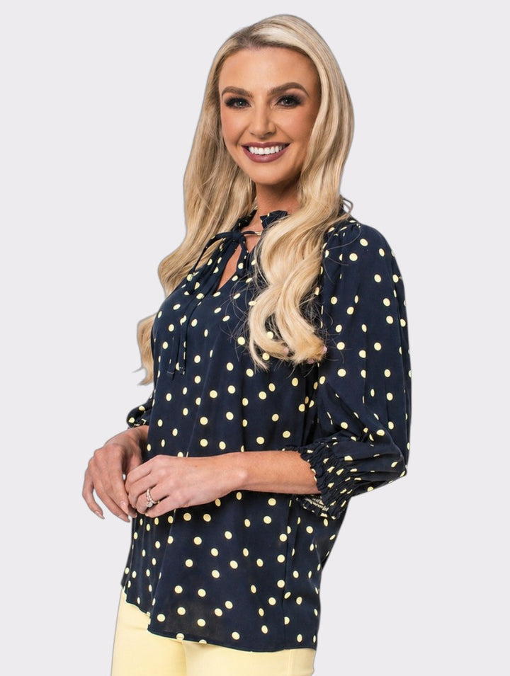 Tie Neck Blouse - Lemon/Navy