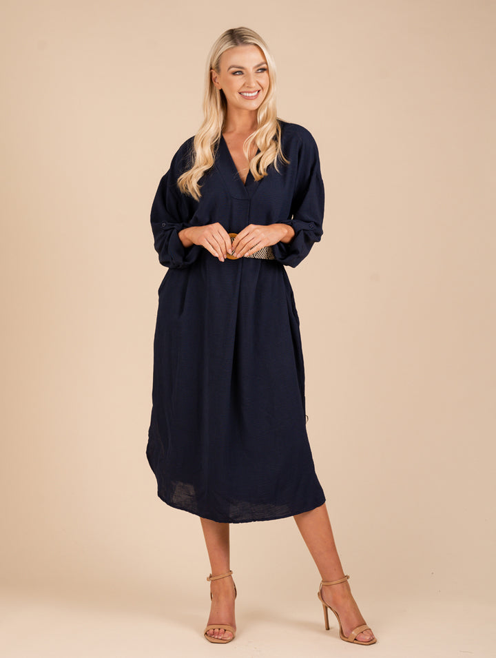 Long Sleeve Dress With Belt - Navy