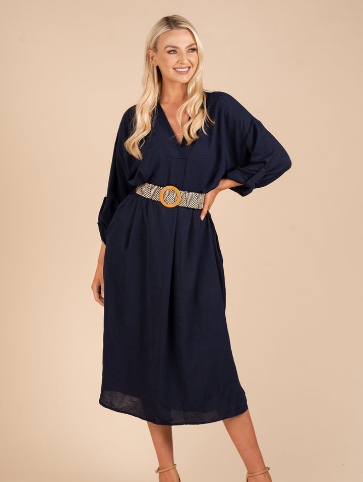 Long Sleeve Dress With Belt - Navy